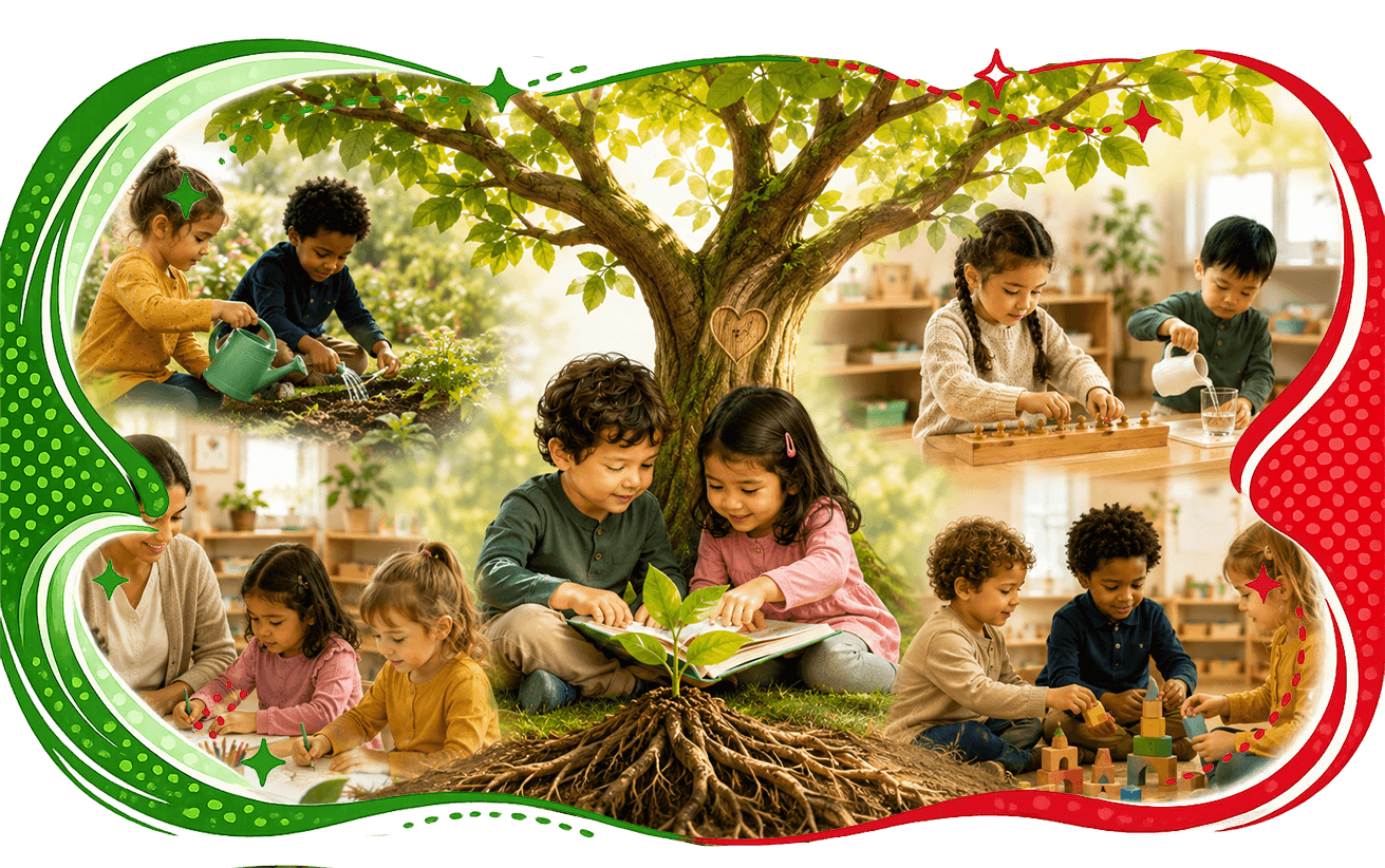 Children of diverse backgrounds learn and play: gardening, reading, and building together around a tree in a bright learning environment with a colorful border.